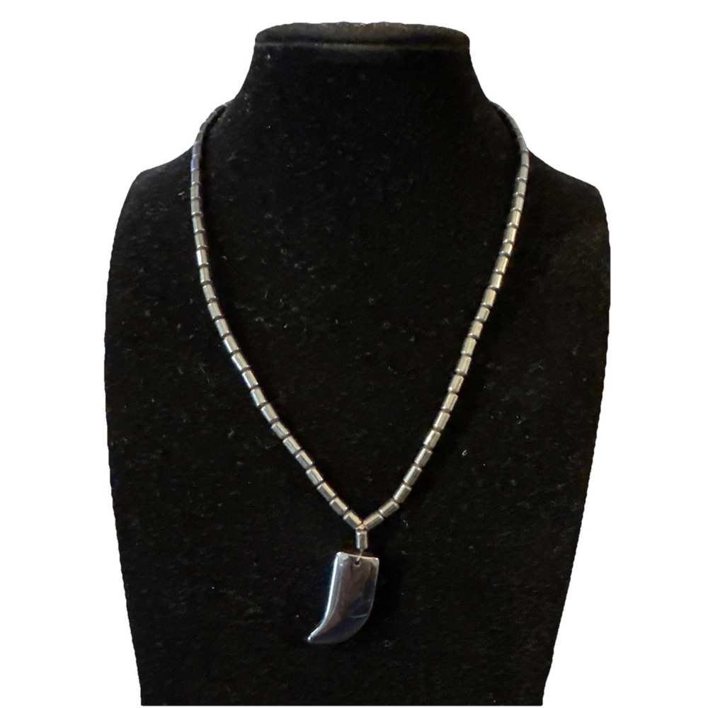 Hematite Beaded Necklace w Fang Pendant 18"‎ Unisex Tribal Gothic Style